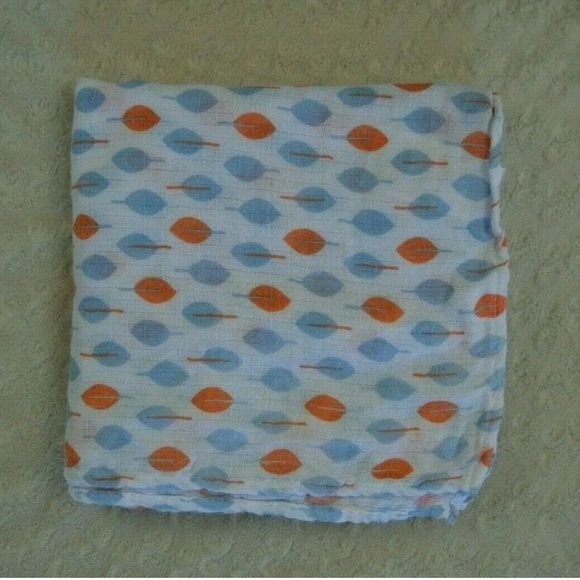 Ideal Baby Leaf Print Baby Swaddle Blanket White Orange Blue Leaves Muslin - Picture 1 of 8